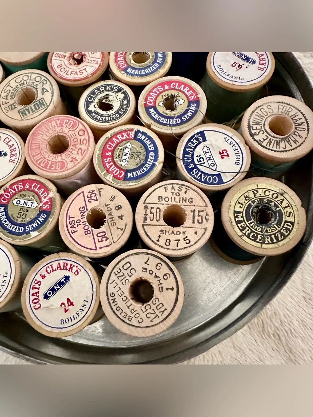 Vintage Rileys Toffee Tin Wooden Sewing Thread Spools Lot Halifax England Ship⁠